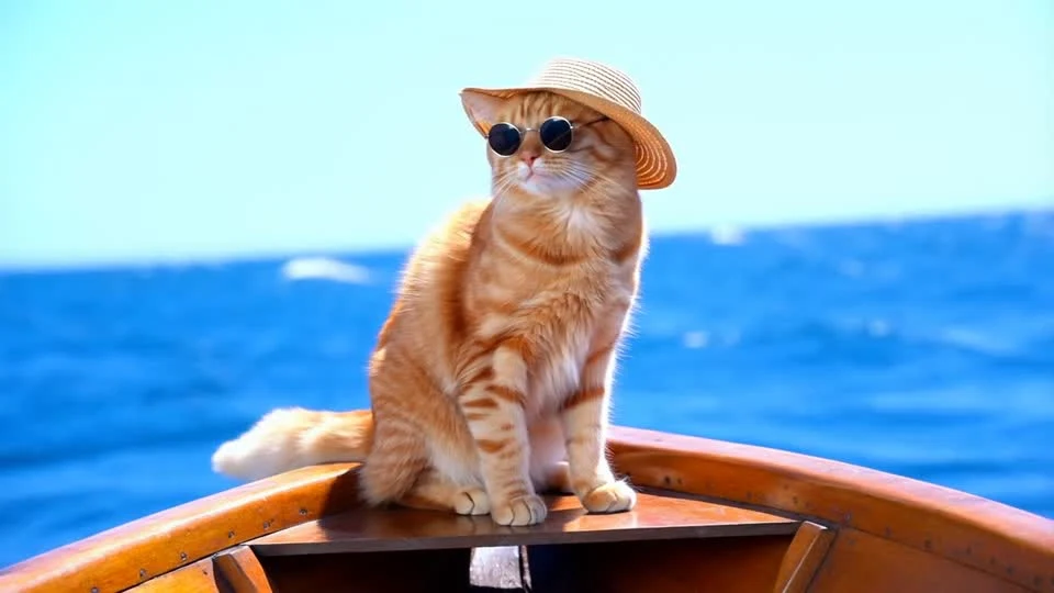 Кот в шляпе на лодке